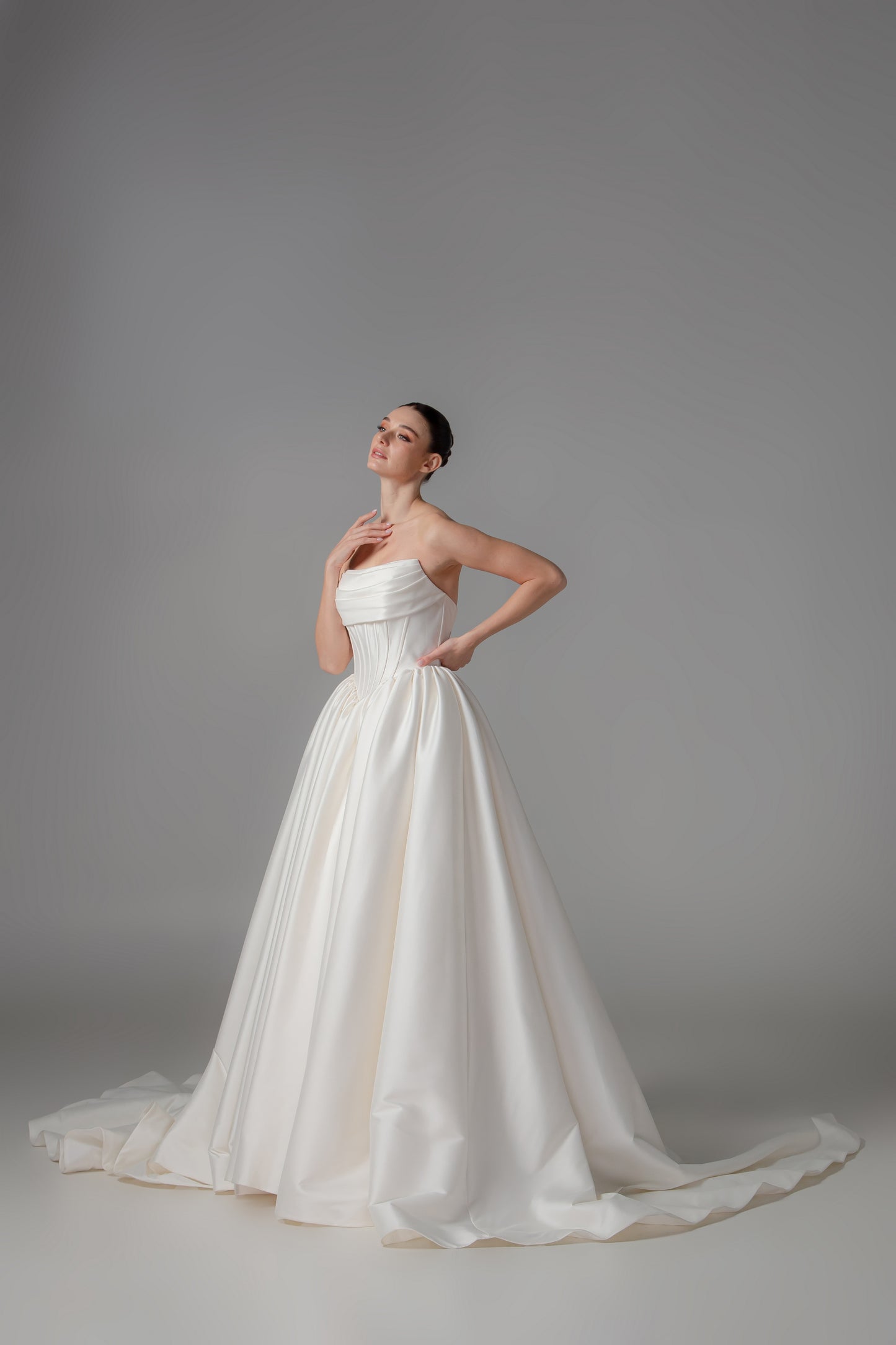 Classic Mikado Ball Gown with Cinched Waist & Cathedral Train | Briderful - side