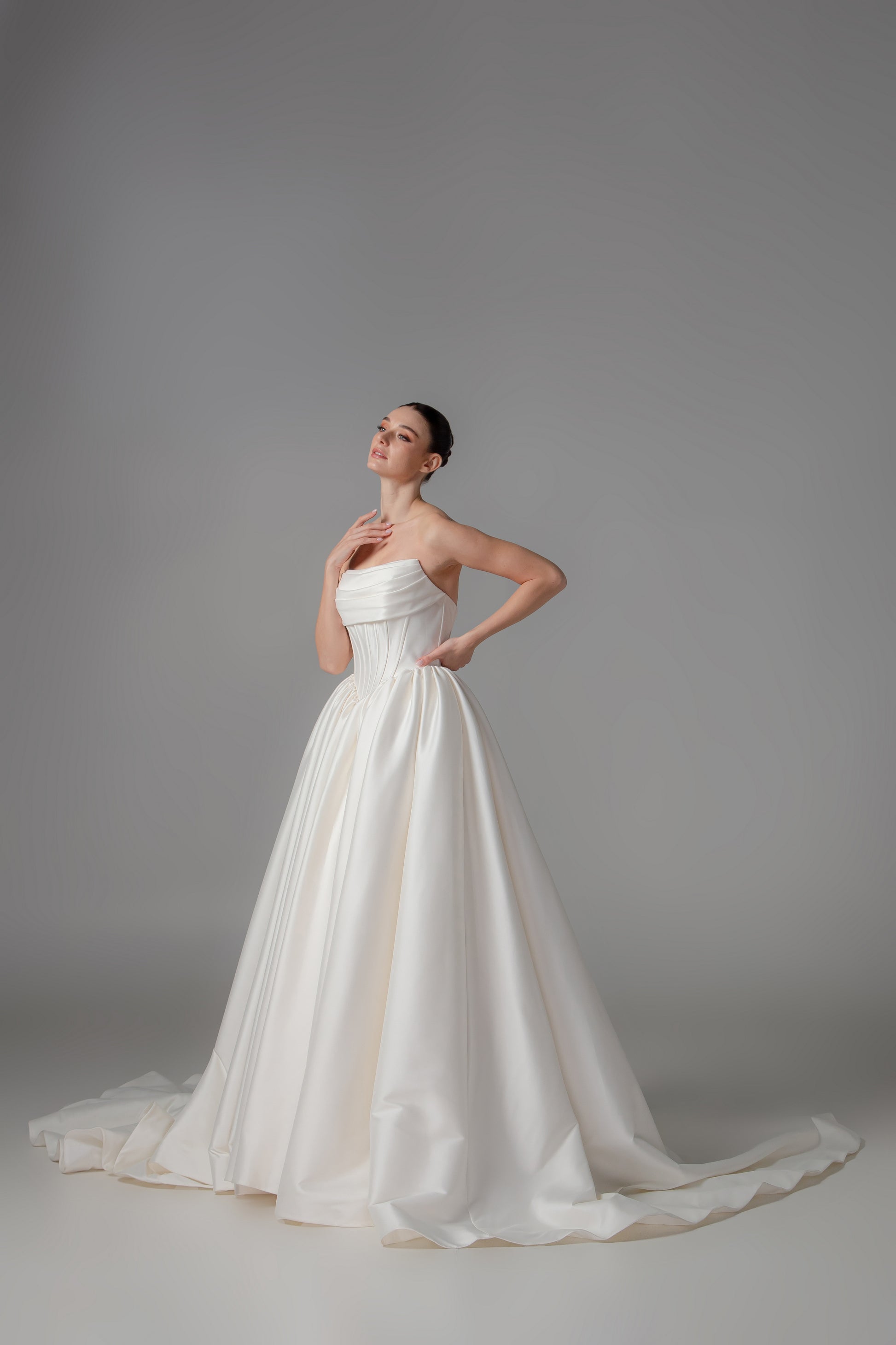 Classic Mikado Ball Gown with Cinched Waist & Cathedral Train | Briderful - side