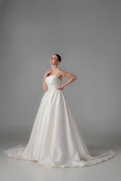 Classic Mikado Ball Gown with Cinched Waist & Cathedral Train | Briderful - side