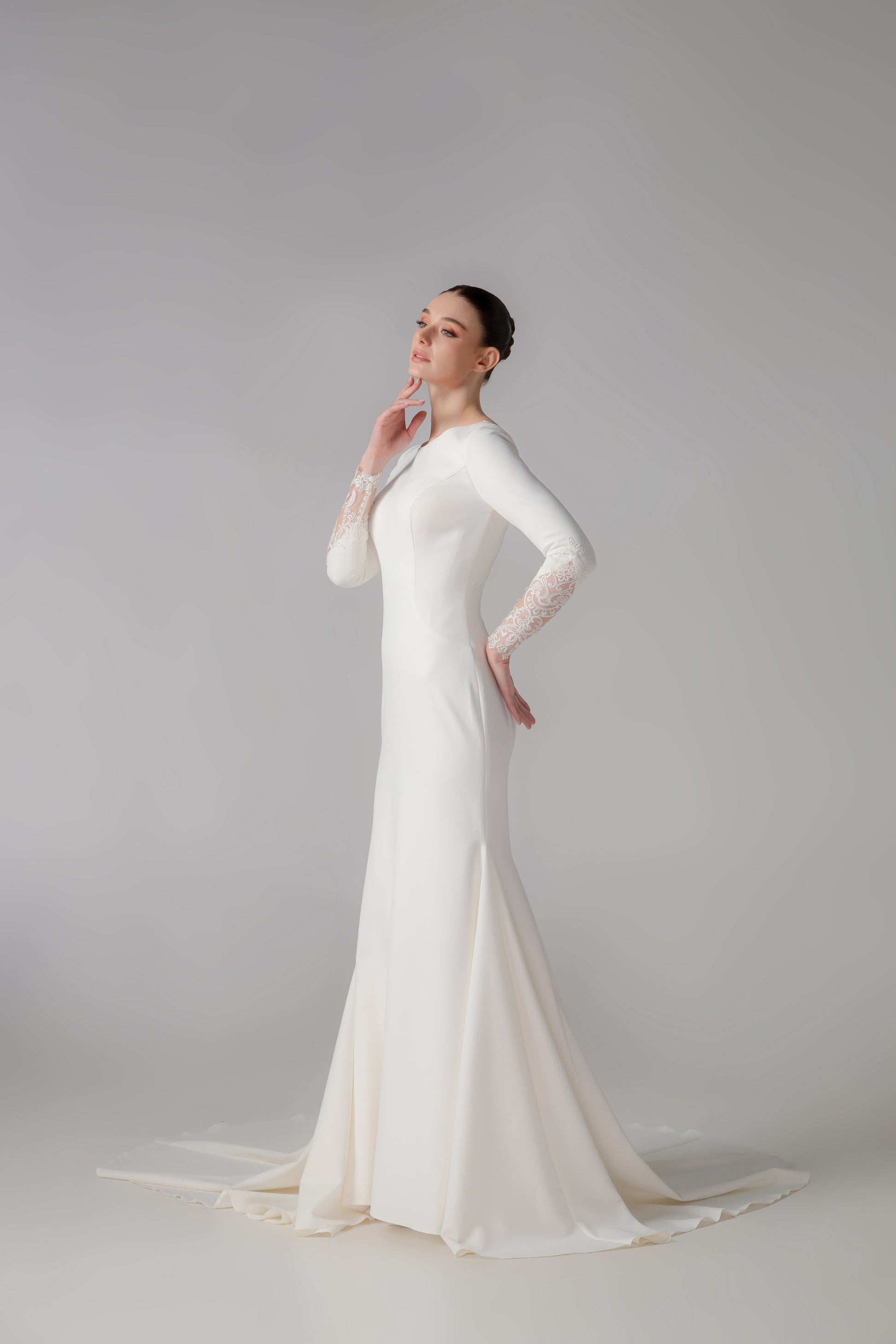 Long Sleeve Satin Trumpet Wedding Gown with Bateau Neckline | Briderful - side detail