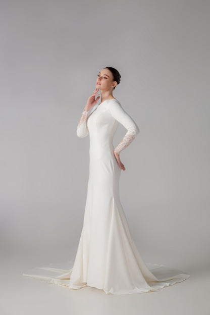 Long Sleeve Satin Trumpet Wedding Gown with Bateau Neckline | Briderful - side detail