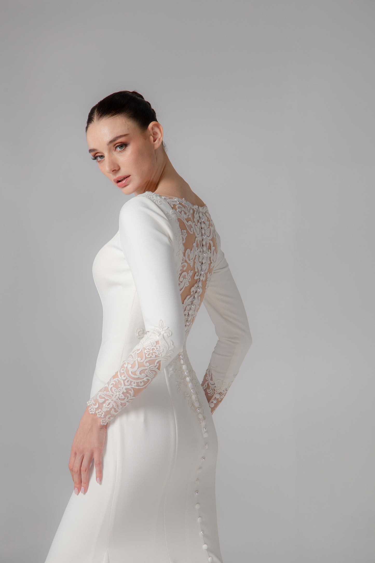 Long Sleeve Satin Trumpet Wedding Gown with Bateau Neckline | Briderful - side