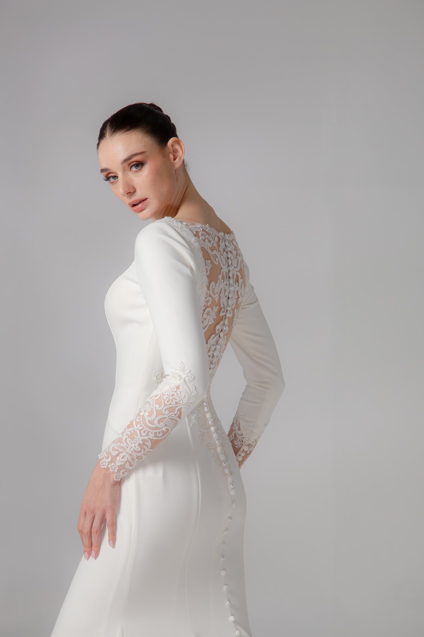 Long Sleeve Satin Trumpet Wedding Gown with Bateau Neckline | Briderful - side