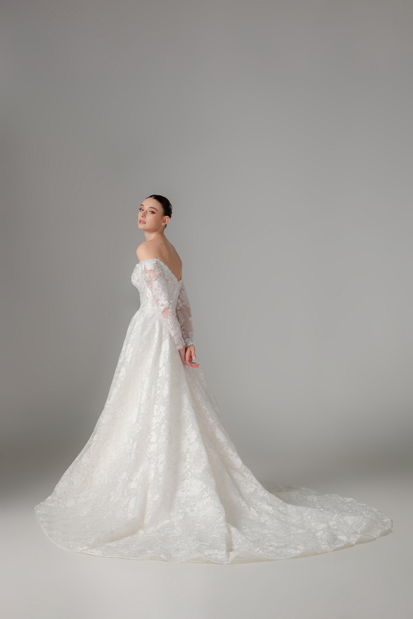 Off-the-Shoulder Long Sleeve Lace Ball Gown with Cathedral Train | Briderful - side