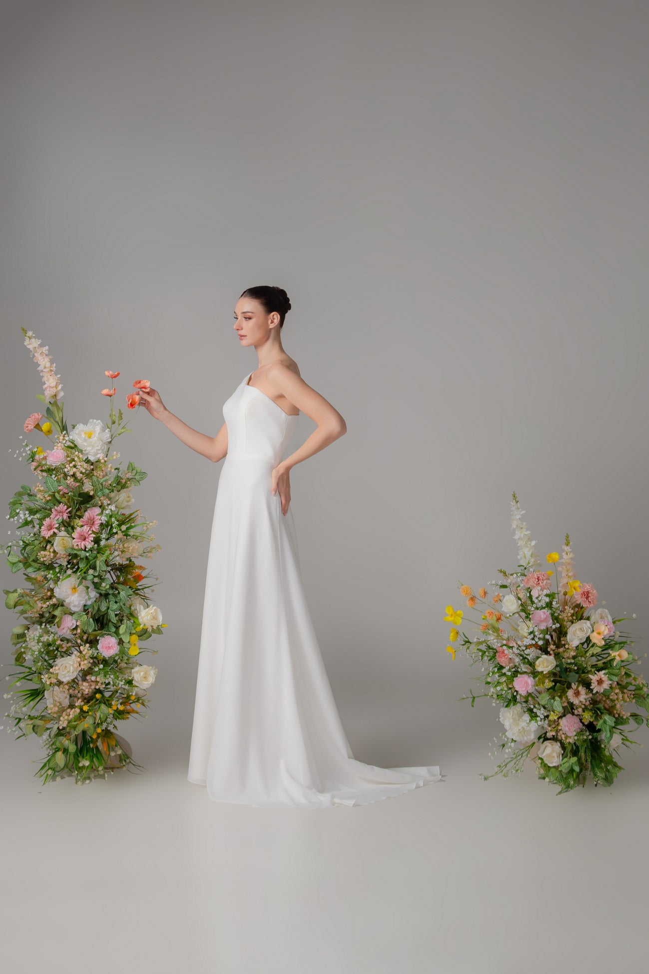 Asymmetrical Mikado & Chiffon Gown with Removable Train | Briderful - side