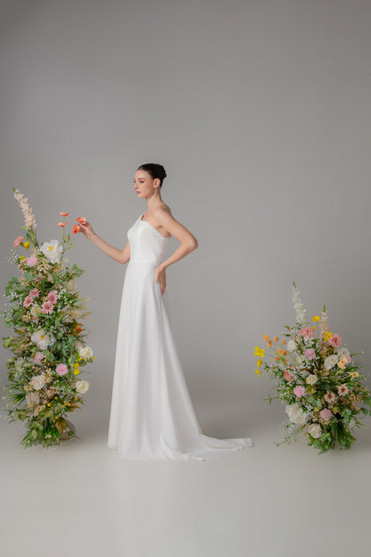 Asymmetrical Mikado & Chiffon Gown with Removable Train | Briderful - side