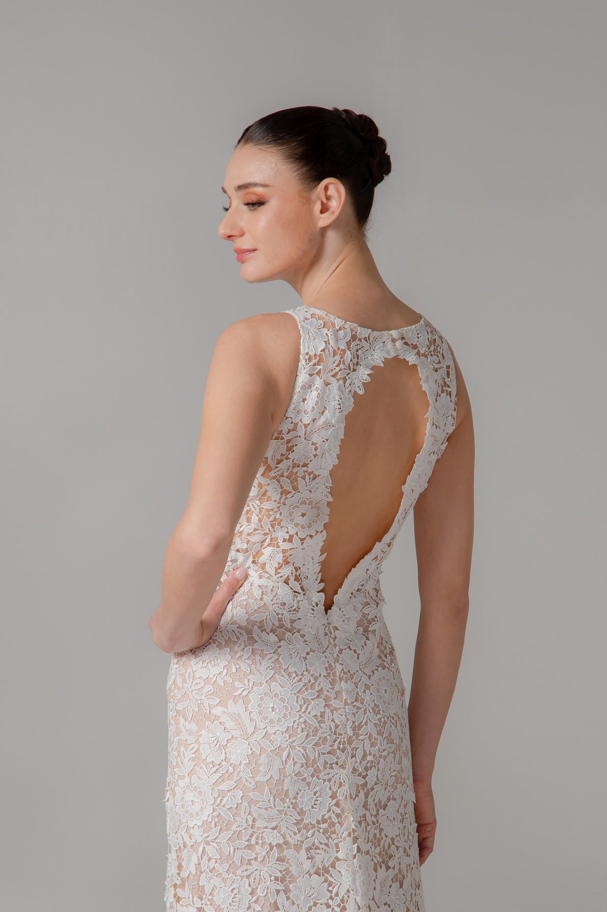 Bateau Neck Lace Fit-and-Flare Gown with Modern Back Cut-Out | Briderful - back detail