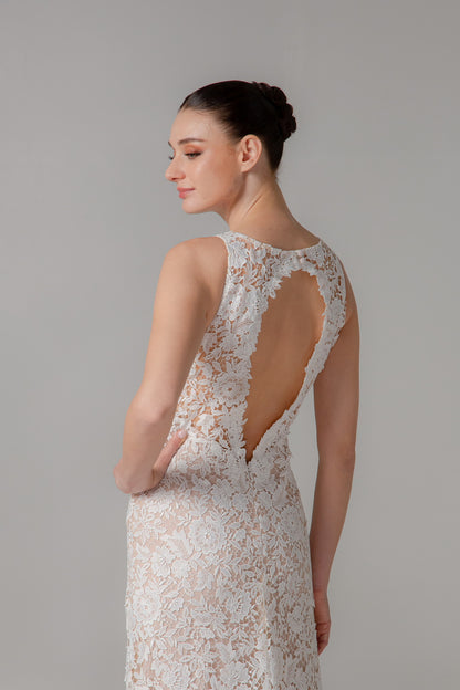 Bateau Neck Lace Fit-and-Flare Gown with Modern Back Cut-Out | Briderful - back detail