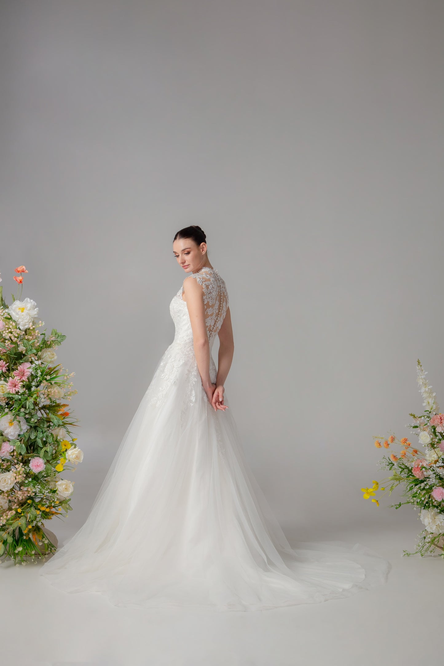High Neck Off-the-Shoulder Lace & Satin A-Line Gown | Briderful - side detail