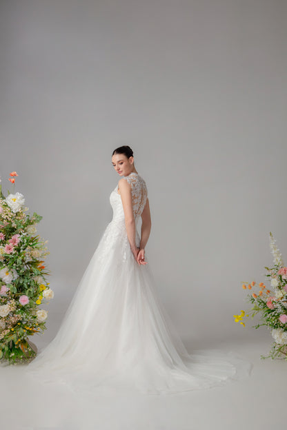 High Neck Off-the-Shoulder Lace & Satin A-Line Gown | Briderful - side detail