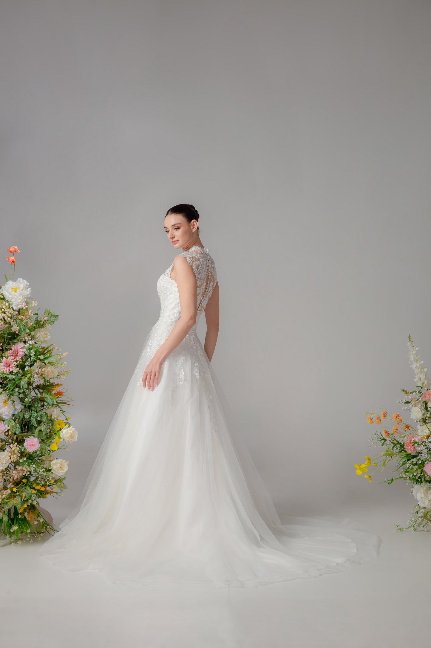 High Neck Off-the-Shoulder Lace & Satin A-Line Gown | Briderful - side