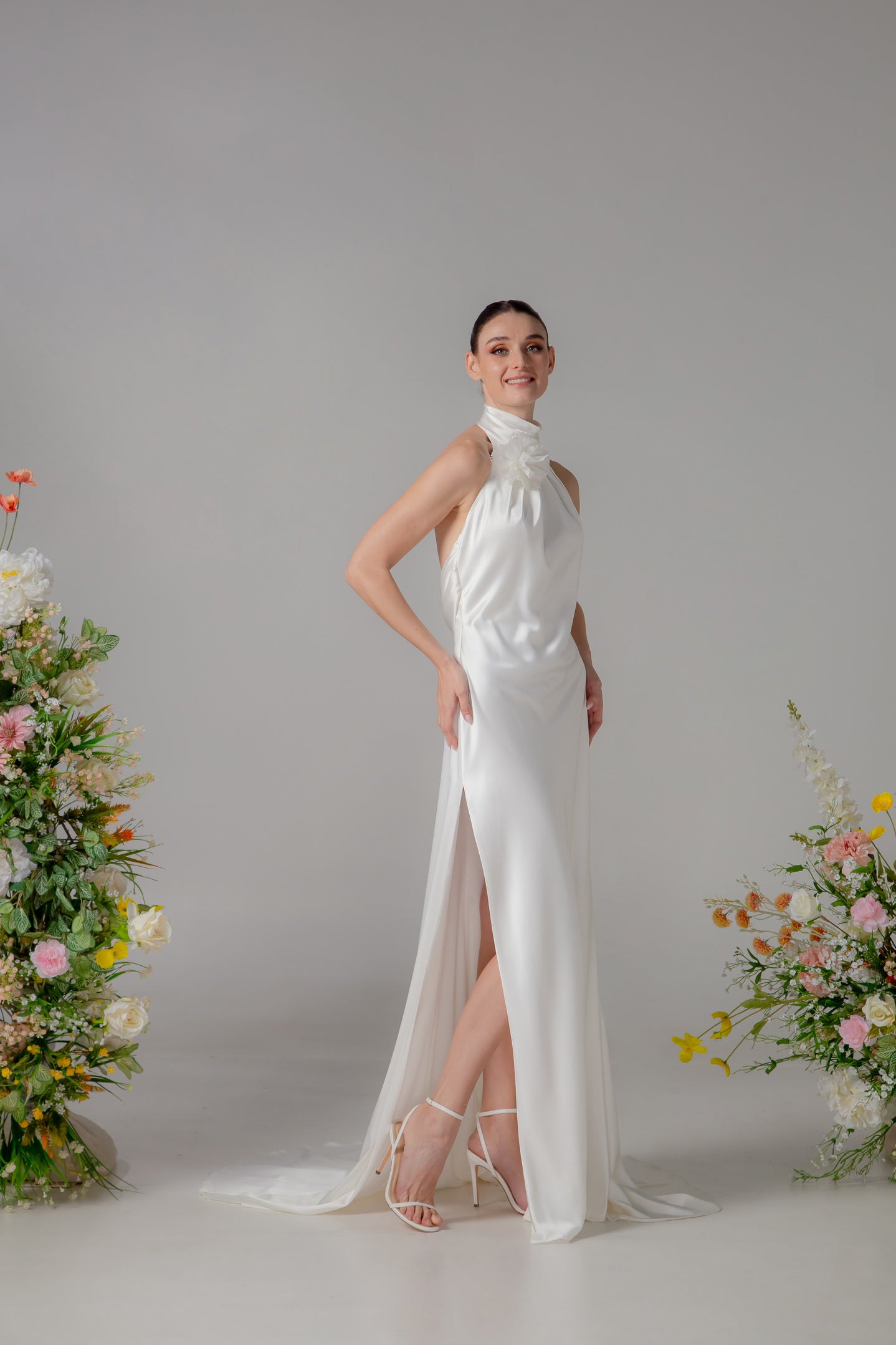 High Neck Open-Back Satin Fit-and-Flare Gown with Ruched Detail | Briderful - side