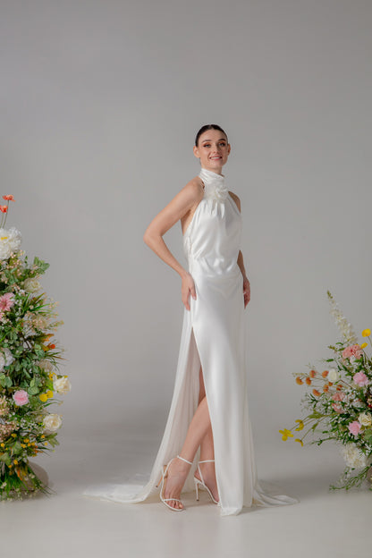 High Neck Open-Back Satin Fit-and-Flare Gown with Ruched Detail | Briderful - side