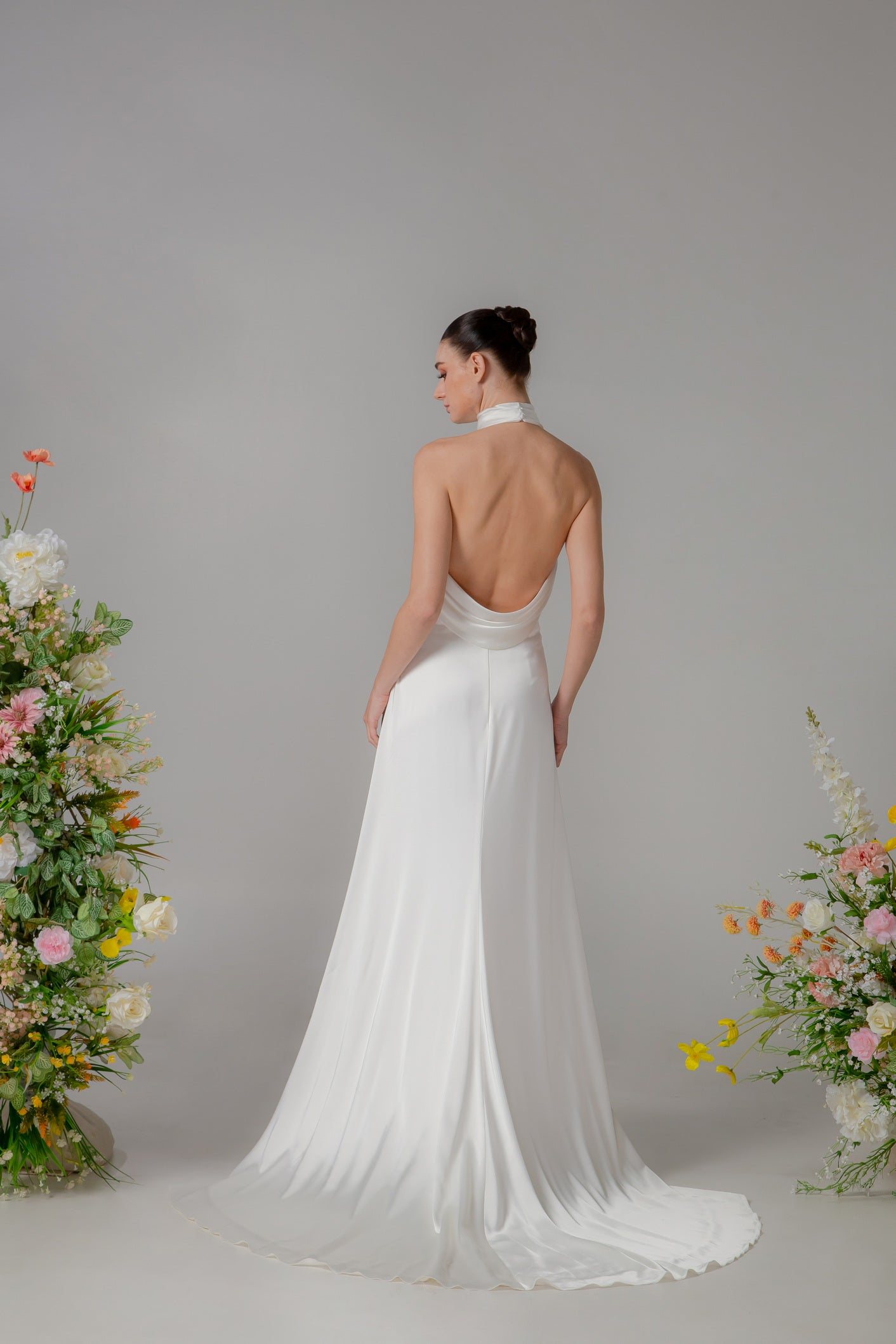 High Neck Open-Back Satin Fit-and-Flare Gown with Ruched Detail | Briderful - back detail