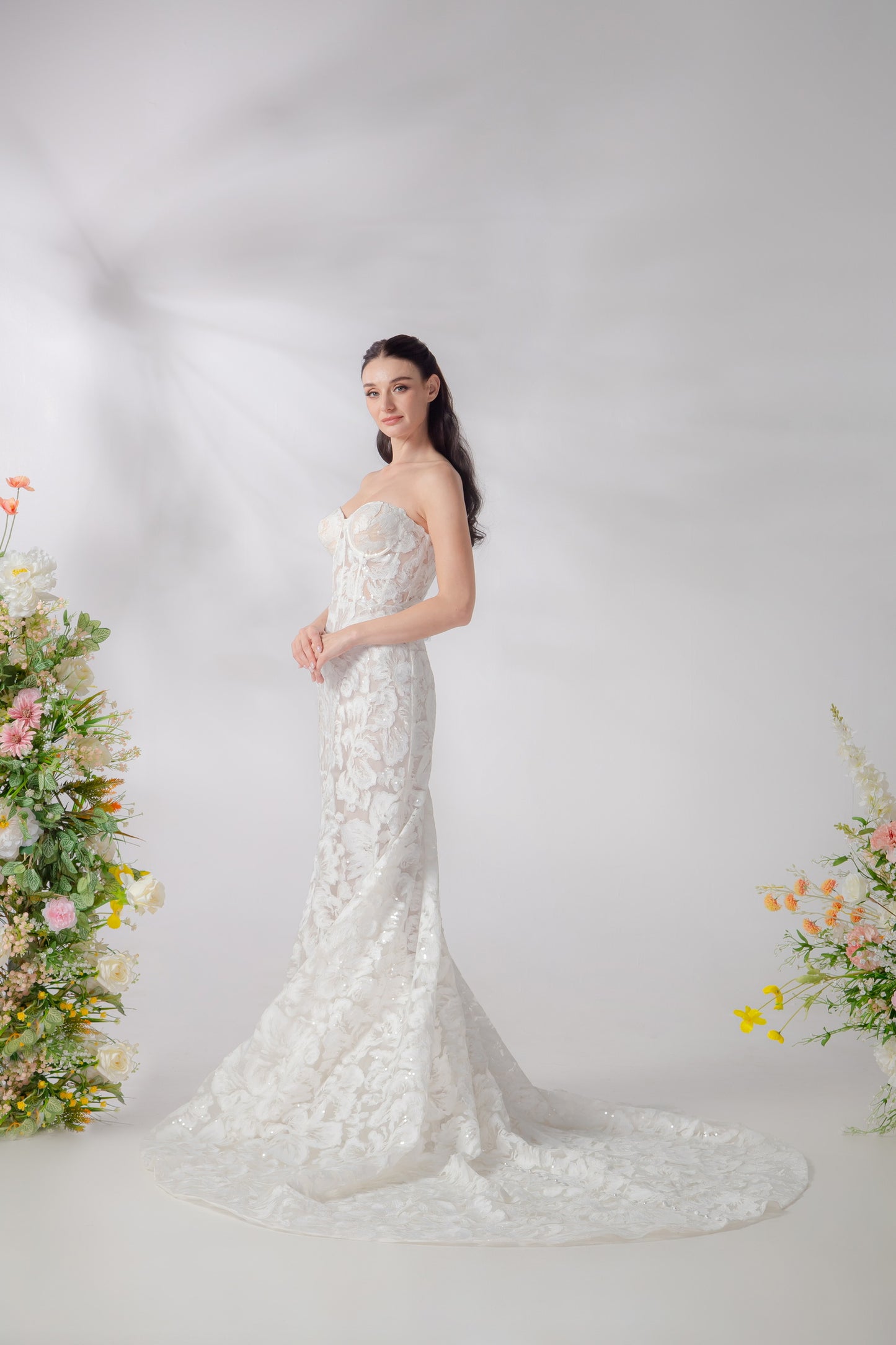 Champagne Trumpet Wedding Gown with 3D Hibiscus & Sparkling Sequins | Briderful - side