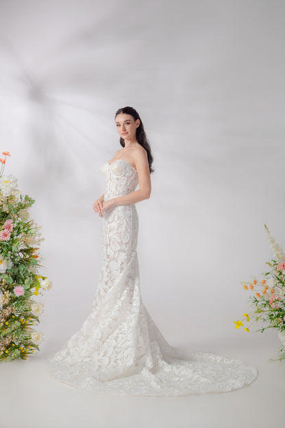 Champagne Trumpet Wedding Gown with 3D Hibiscus & Sparkling Sequins | Briderful - side