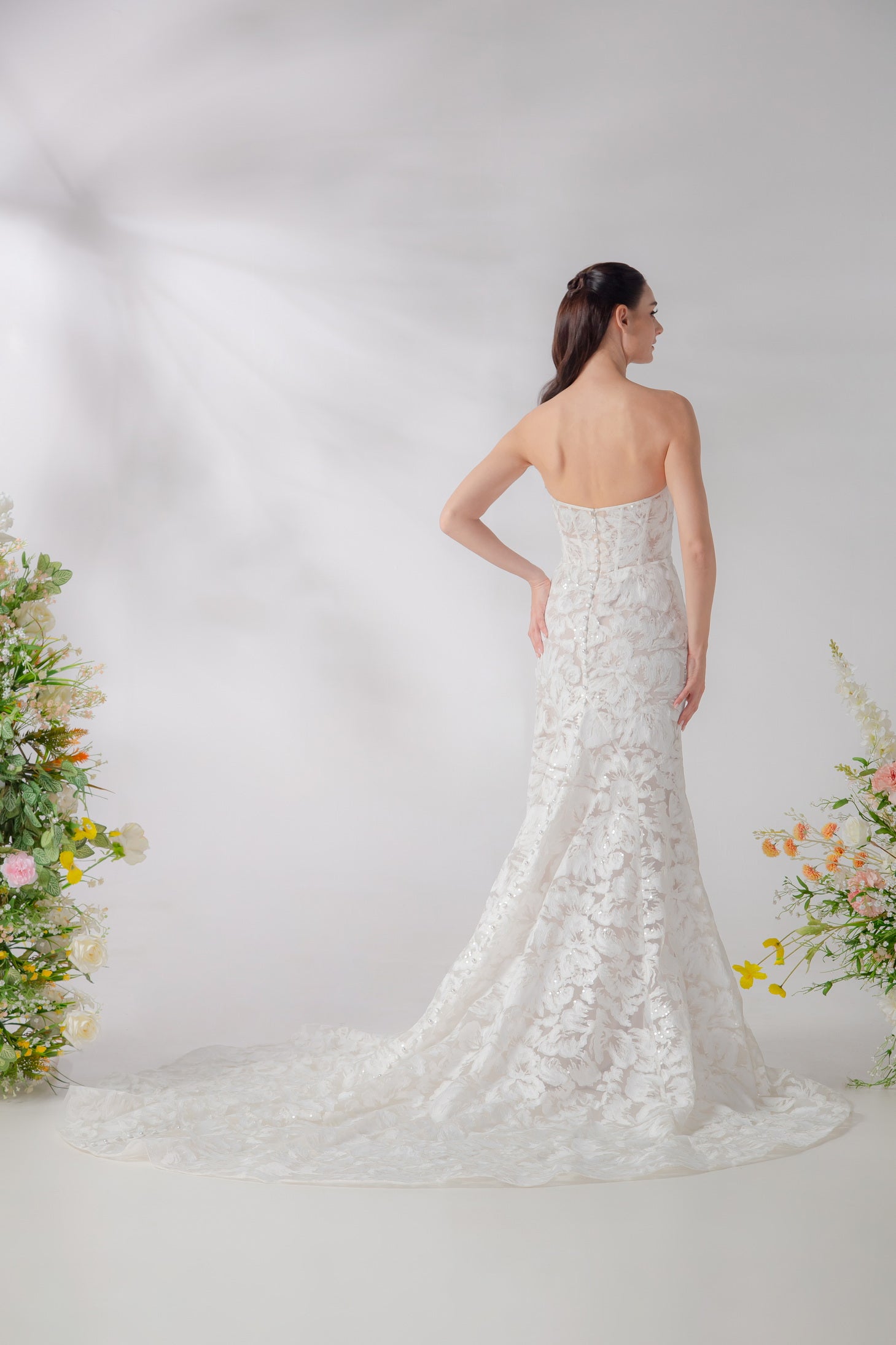 Champagne Trumpet Wedding Gown with 3D Hibiscus & Sparkling Sequins | Briderful - back detail