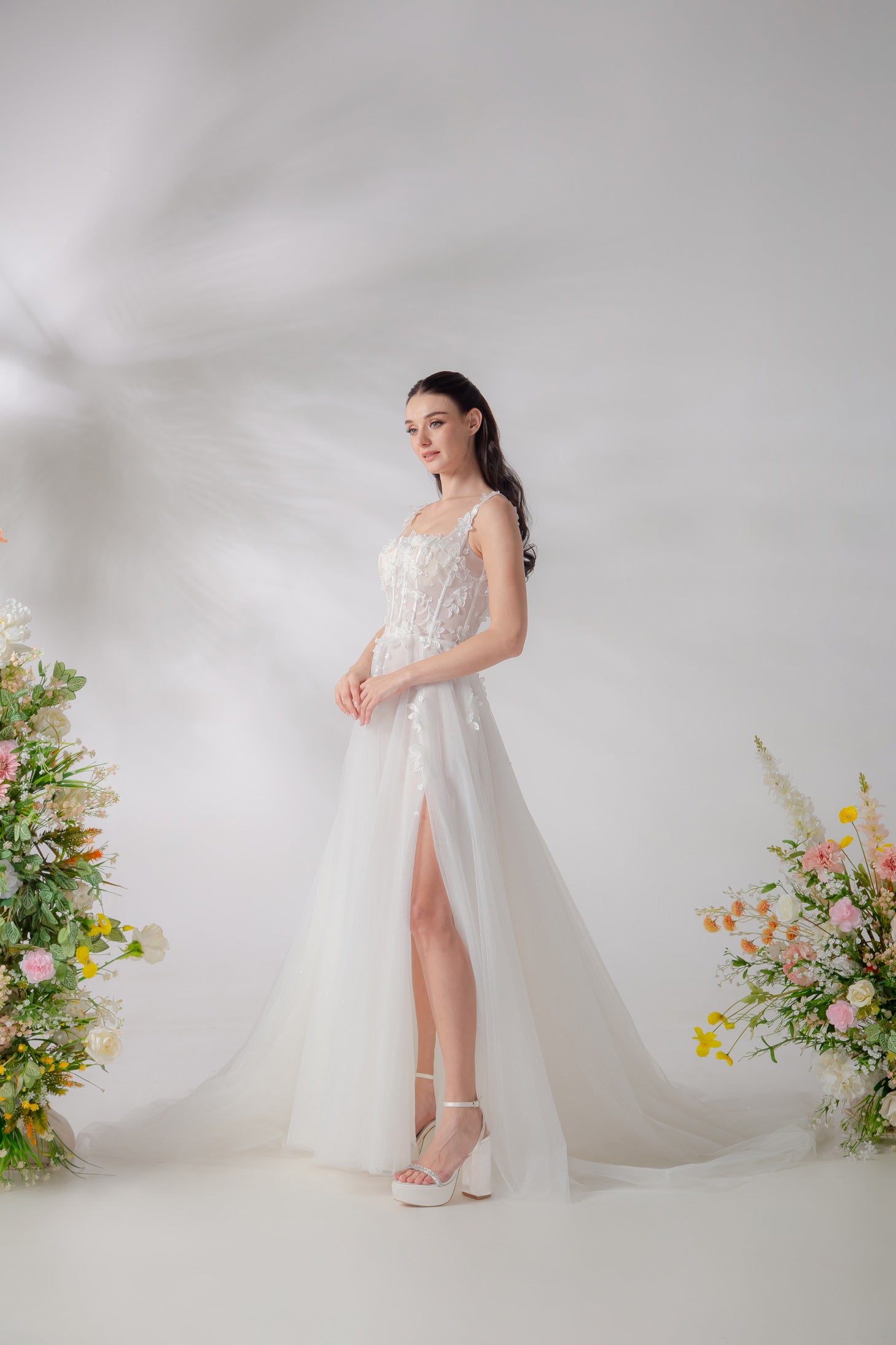 Square Neck Corset A-Line Wedding Gown with High Slit & Chantilly Lace | Briderful - side