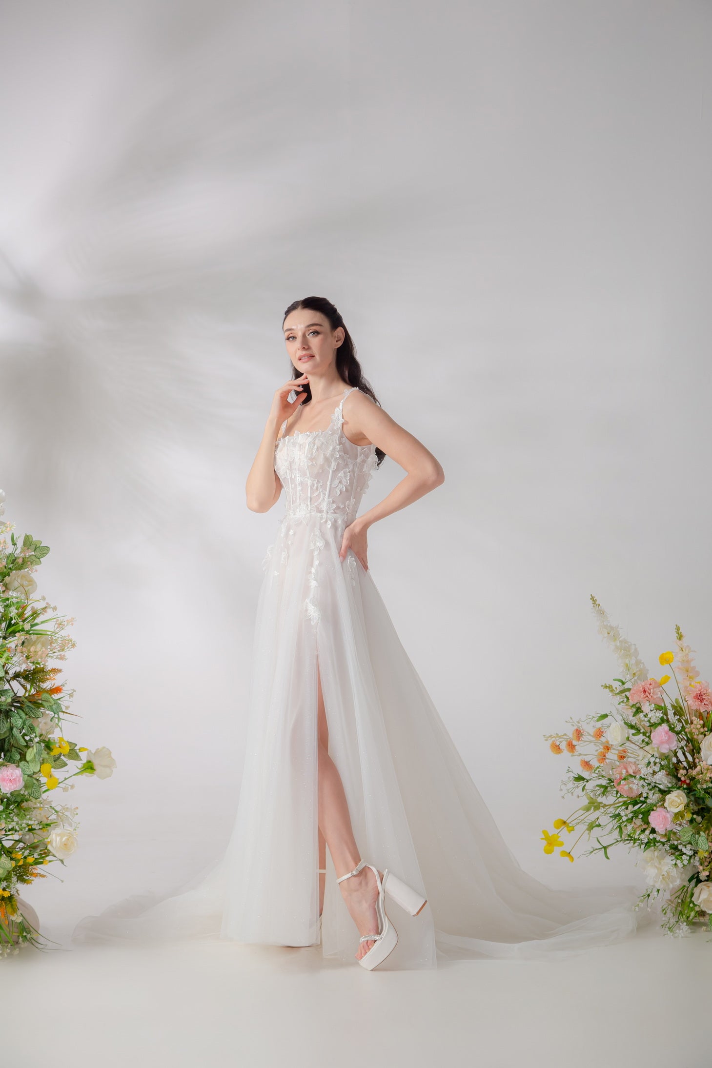 Square Neck Corset A-Line Wedding Gown with High Slit & Chantilly Lace | Briderful - side detail