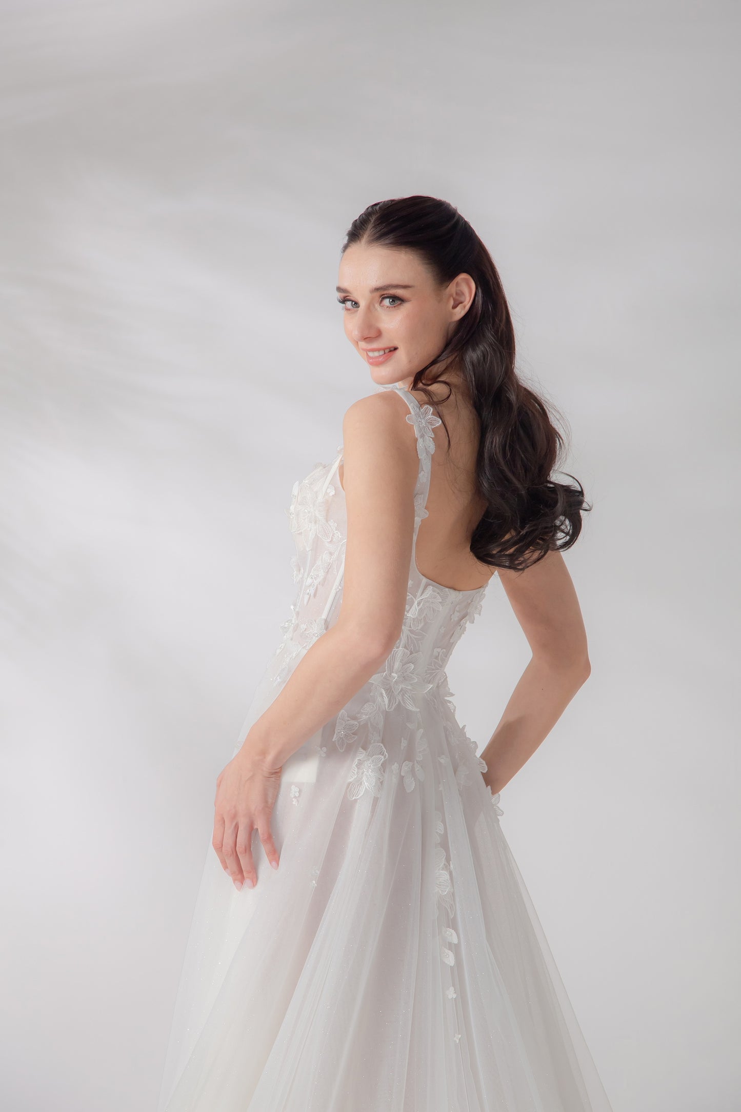 Square Neck Corset A-Line Wedding Gown with High Slit & Chantilly Lace | Briderful - back detail