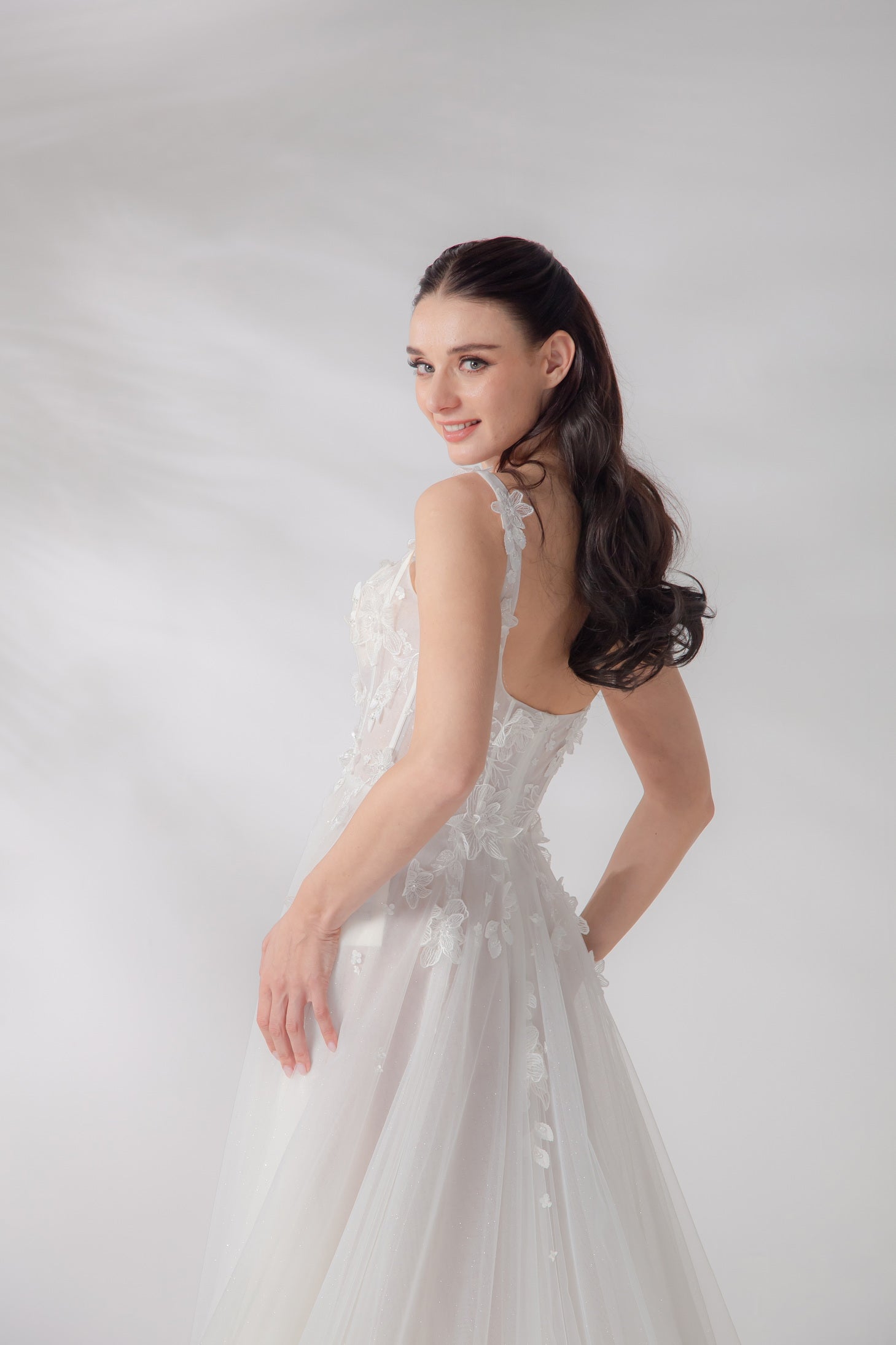 Square Neck Corset A-Line Wedding Gown with High Slit & Chantilly Lace | Briderful - back detail