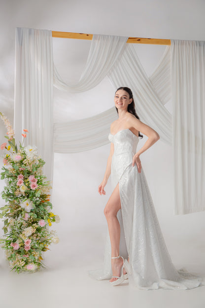 Light Blue Shimmering Wedding Gown with High Slit & Sequin Detail | Briderful - side