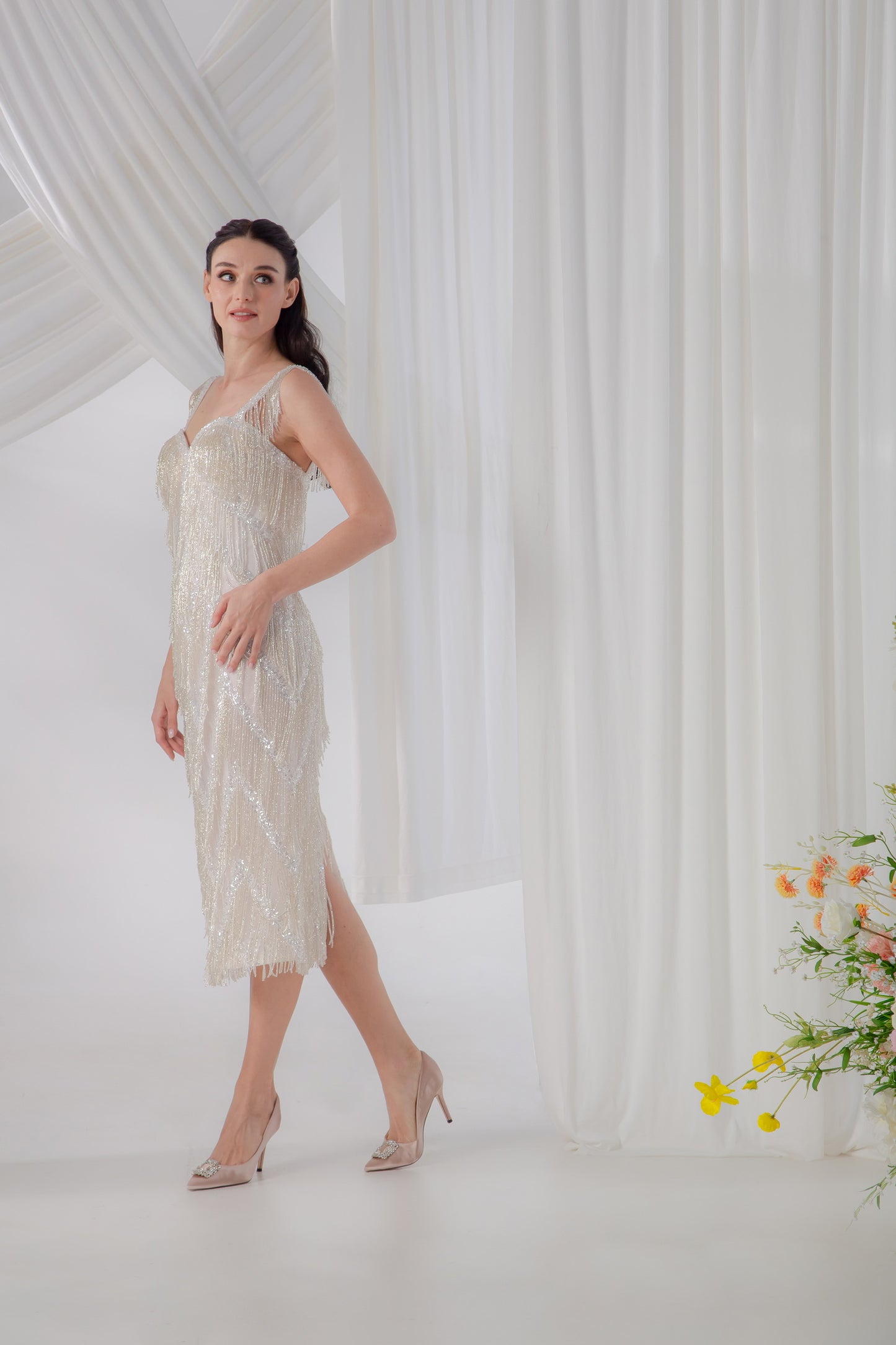 Champagne Gold Beaded Midi Wedding Dress with Side Slit | Briderful - side