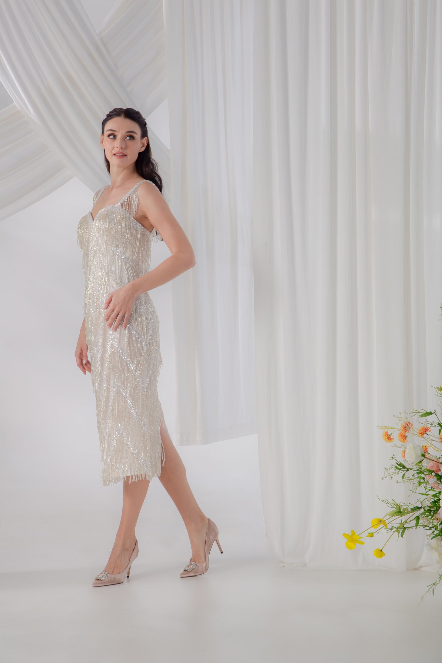 Champagne Gold Beaded Midi Wedding Dress with Side Slit | Briderful - side