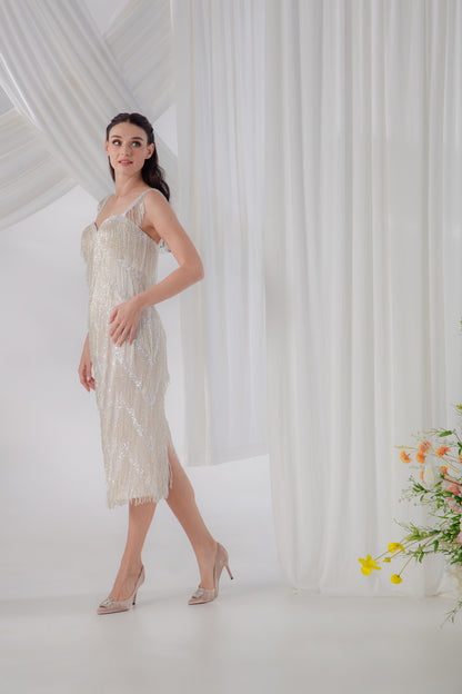 Champagne Gold Beaded Midi Wedding Dress with Side Slit | Briderful - side