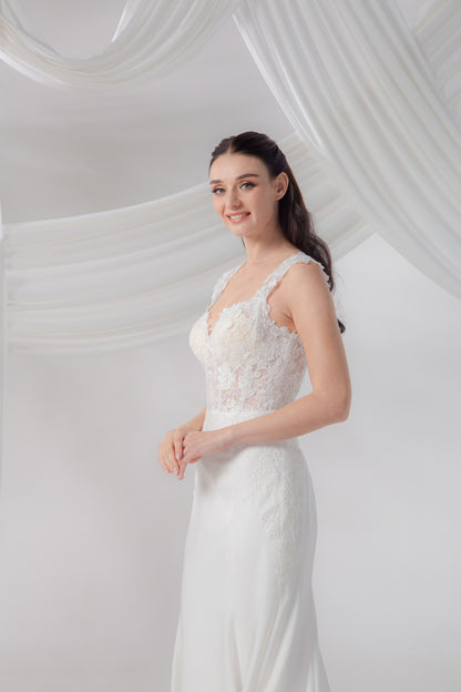Pentagon Neckline Trumpet Gown with Regal Cape Sleeves | Briderful - side