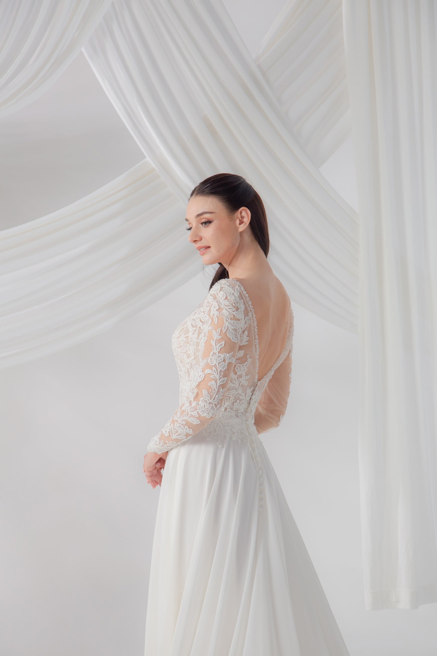 Long Sleeve Lace A-Line Wedding Gown with Sweetheart Neckline | Briderful - side