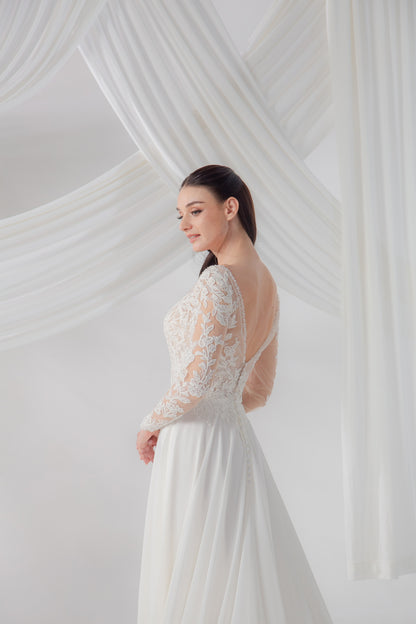 Long Sleeve Lace A-Line Wedding Gown with Sweetheart Neckline | Briderful - side