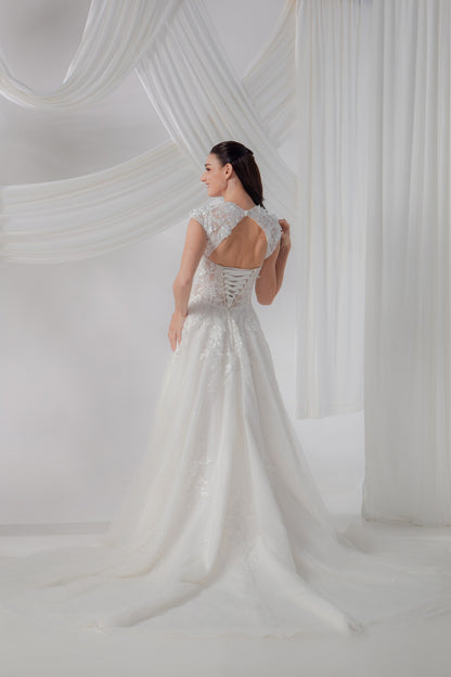 Trapezoid Neckline A-Line Gown with Cap Sleeves & Cathedral Train | Briderful - back detail