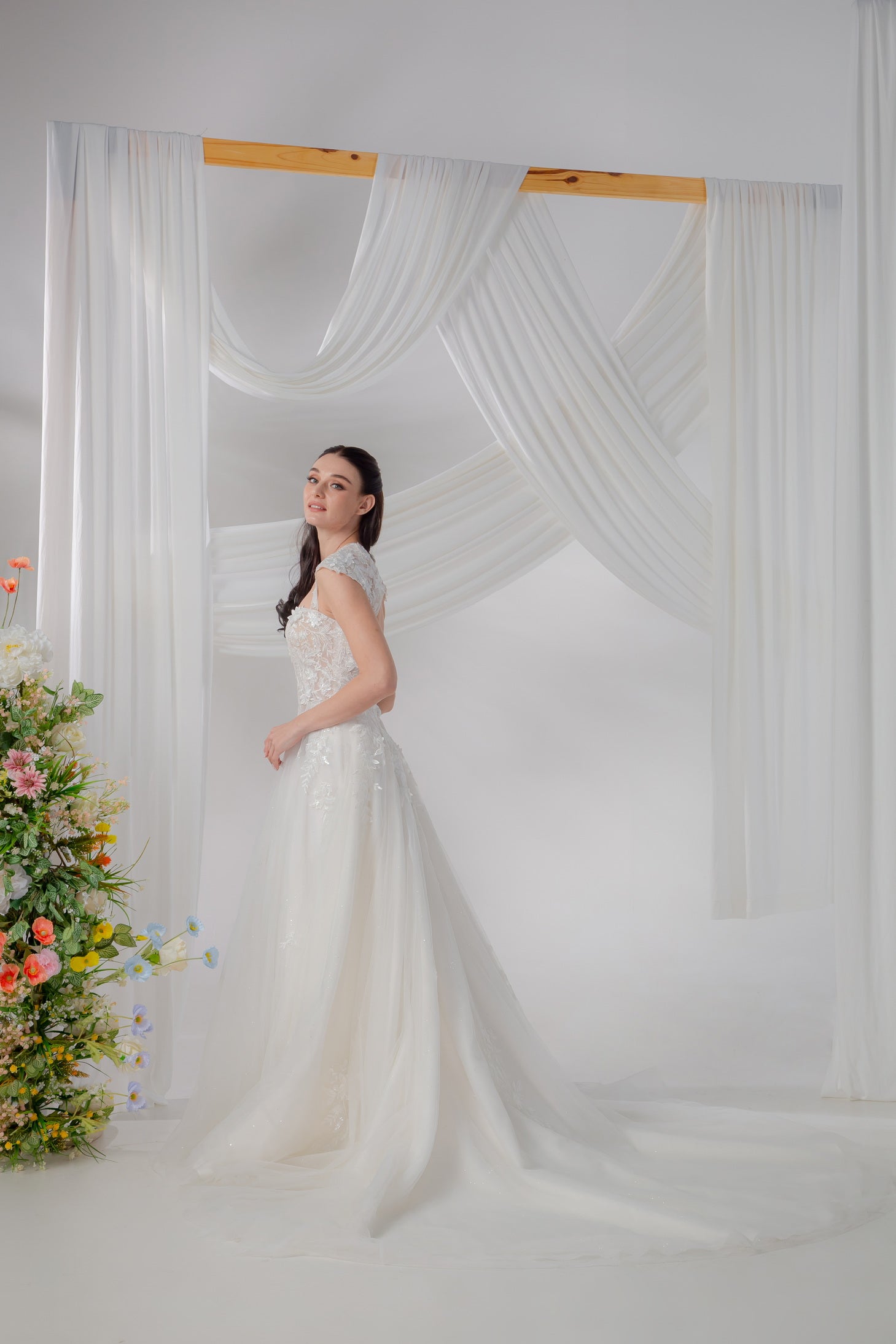 Trapezoid Neckline A-Line Gown with Cap Sleeves & Cathedral Train | Briderful - side