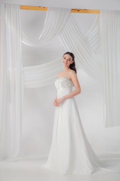 Beaded Slashed Neckline Drop-Waist Wedding Gown in Airy Tulle | Briderful - side detail