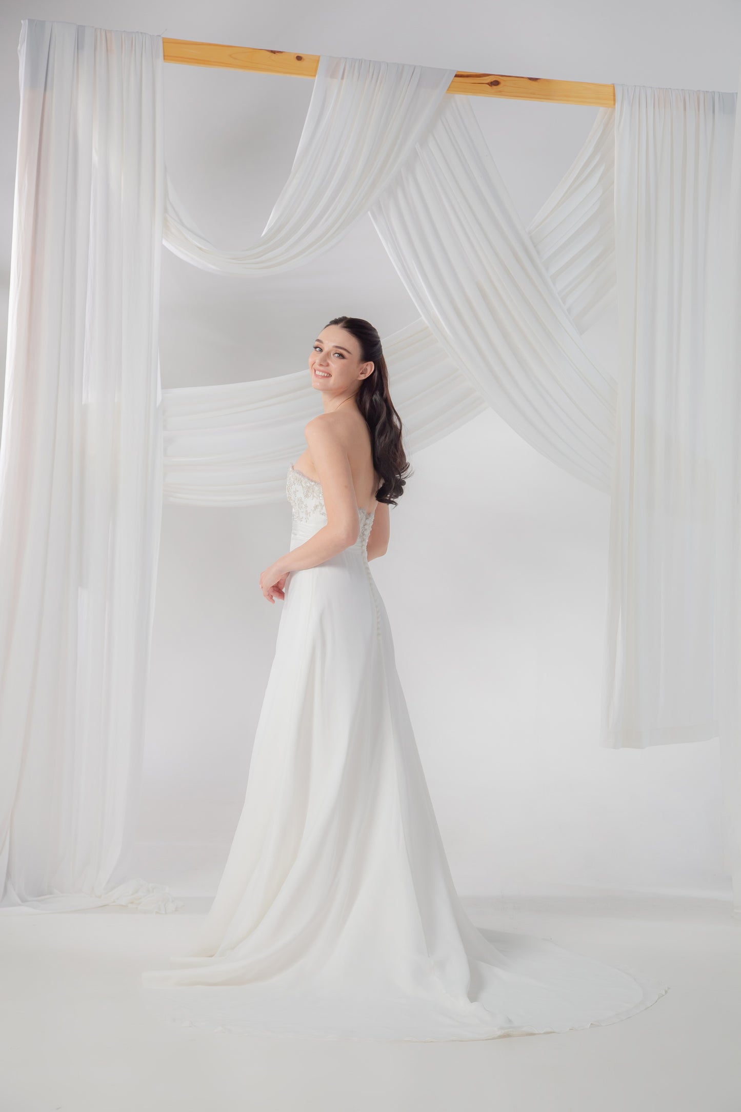 Beaded Slashed Neckline Drop-Waist Wedding Gown in Airy Tulle | Briderful - side