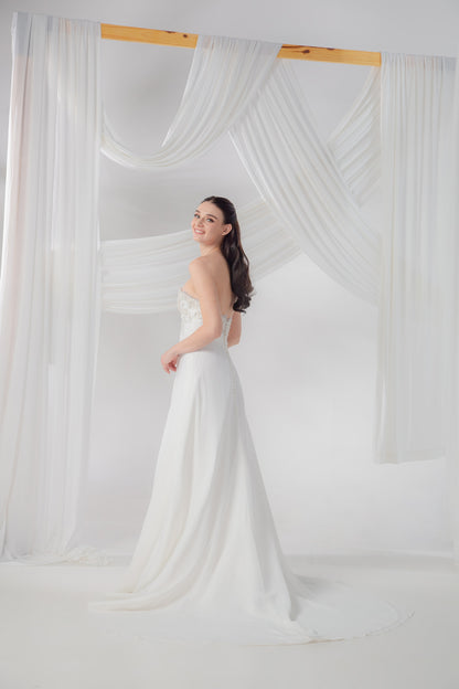 Beaded Slashed Neckline Drop-Waist Wedding Gown in Airy Tulle | Briderful - side