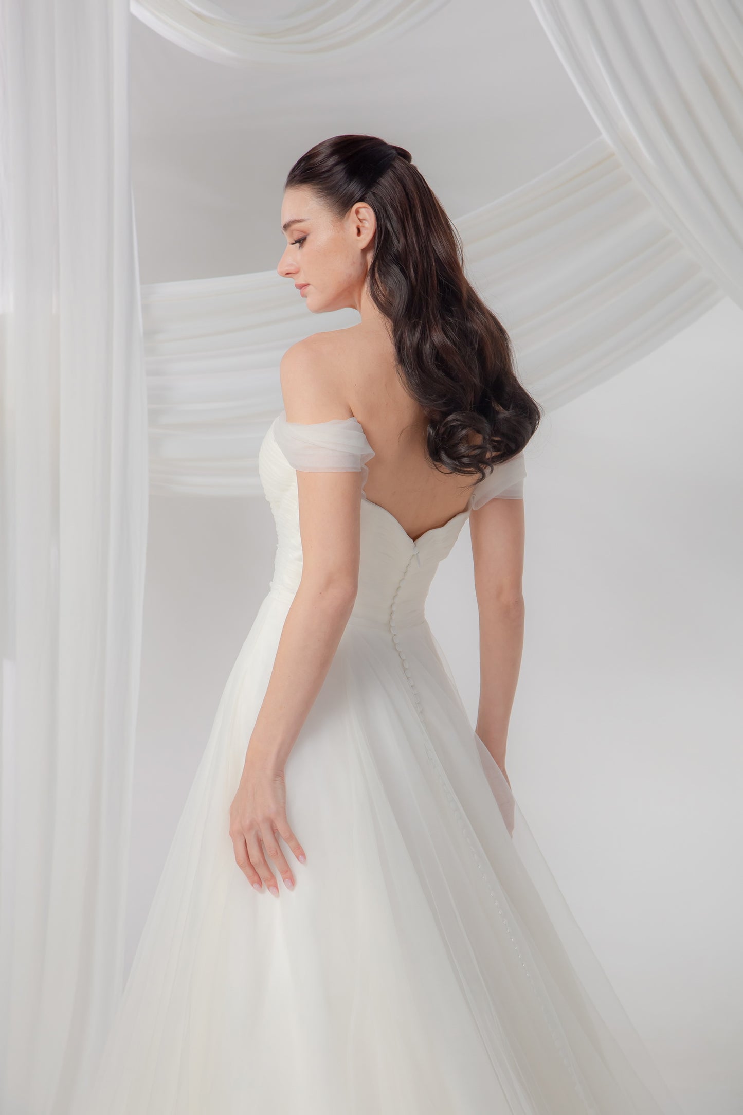 Off-the-Shoulder A-Line Wedding Gown with Pockets & Flowing Sleeves | Briderful - back