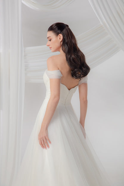 Off-the-Shoulder A-Line Wedding Gown with Pockets & Flowing Sleeves | Briderful - back