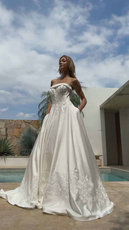 BW114063 | Slashed Neckline A-Line Wedding Gown with Elegant Lace