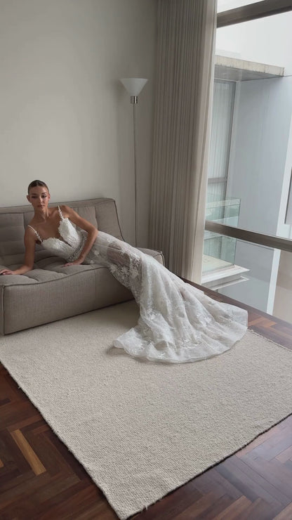 BW114074 | Lace Open-Back Wedding Gown with Delicate Spaghetti Straps