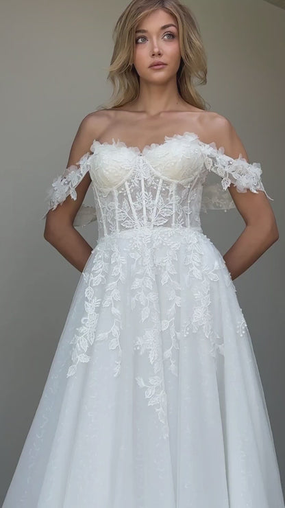 BW114059 | Off-the-Shoulder Floral Lace A-Line Gown with Sheer Corset