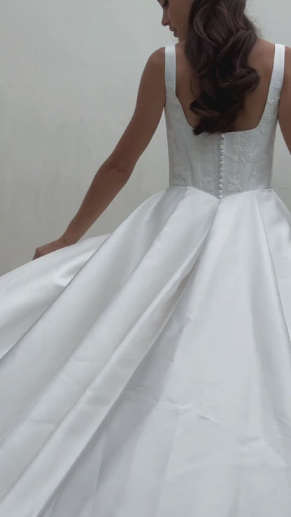 BW114070 | Modern Square Neckline Satin A-Line Wedding Gown