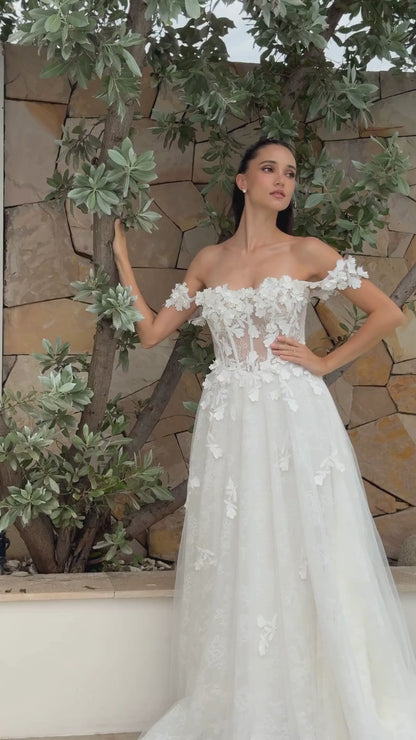BW114068 | Floral Lace A-Line Wedding Gown with Scoop Neckline