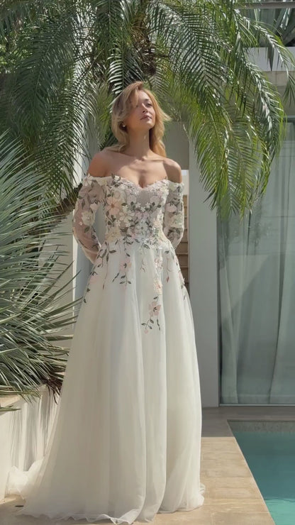 BW114057 | 3D Floral Off-the-Shoulder Wedding Gown with Long Sleeves