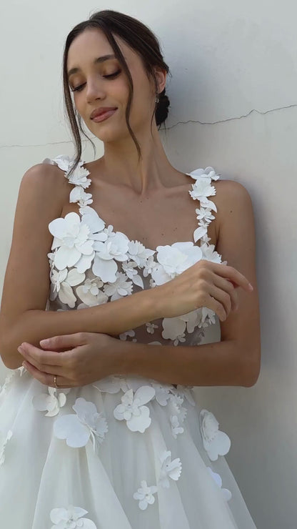 BW114058 | 3D Mikado Floral A-Line Gown with Sheer Petal Bodice