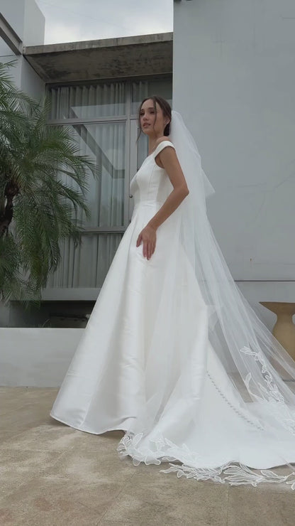 BW114062 | Minimalist Mikado A-Line Wedding Gown with Slashed Neckline