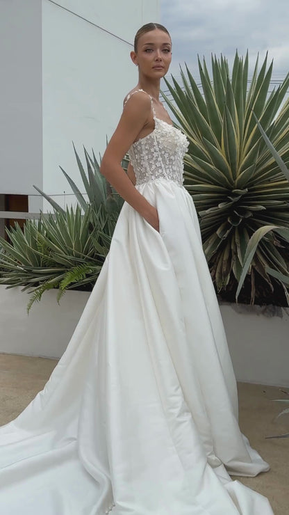 BW114069 | Off-the-Shoulder Mikado A-Line Gown with Beaded Lace