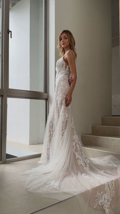 BW114064| Beaded Lace Trumpet Wedding Gown with V-Neckline |