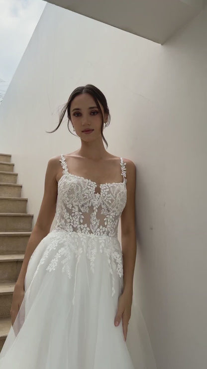 BW114060 | Modern Square Neckline Lace A-Line Wedding Gown